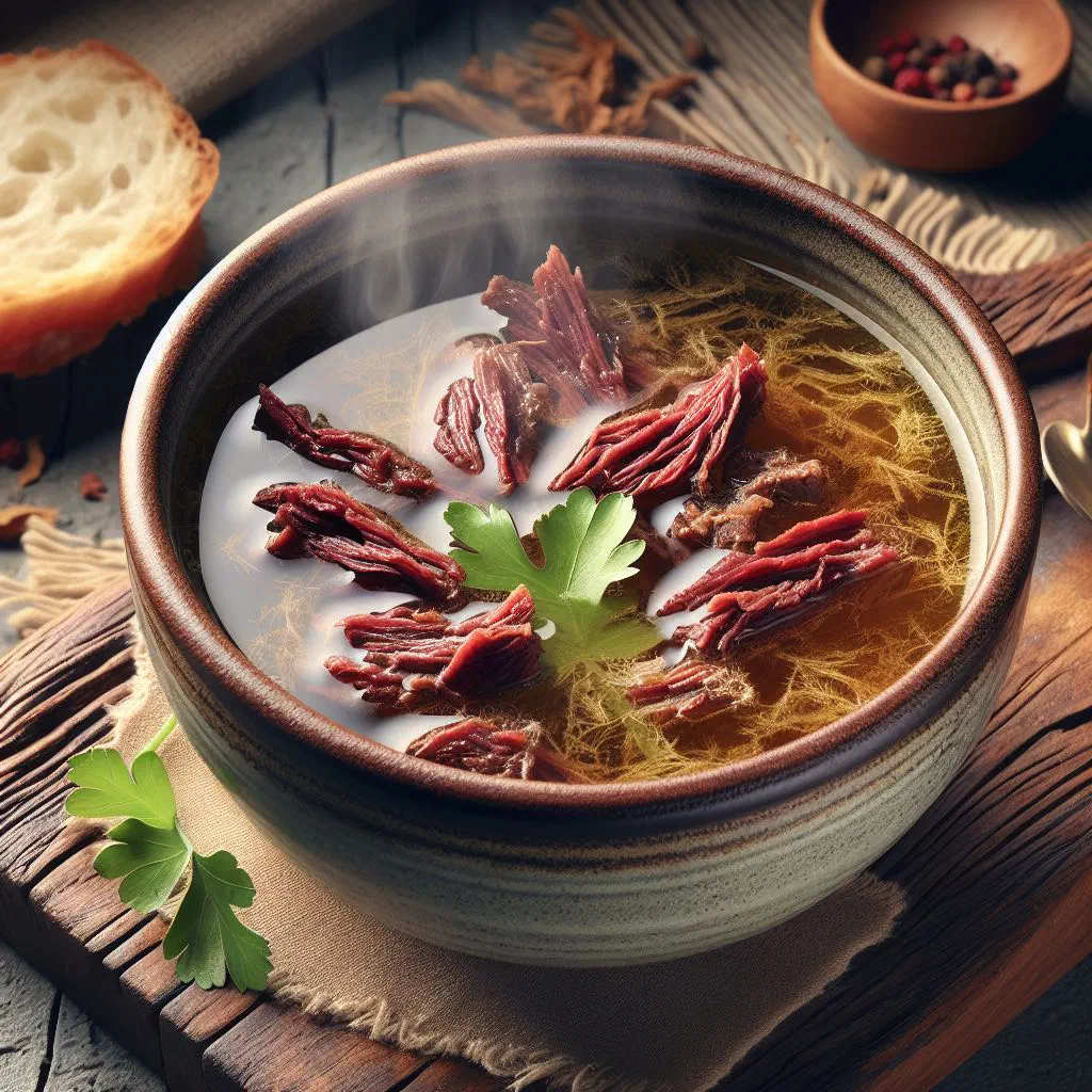 Bowl of Chadian dried meat soup with carrots, potatoes and fresh herbs