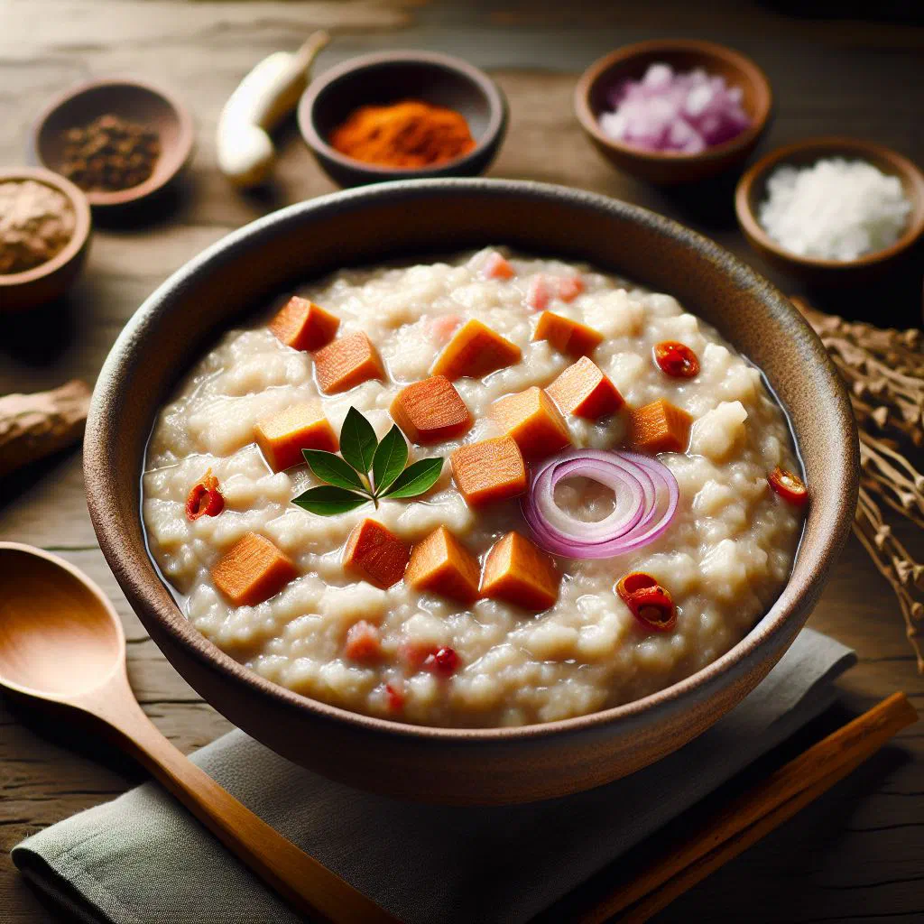 Creamy yam porridge in a bowl garnished with fresh herbs