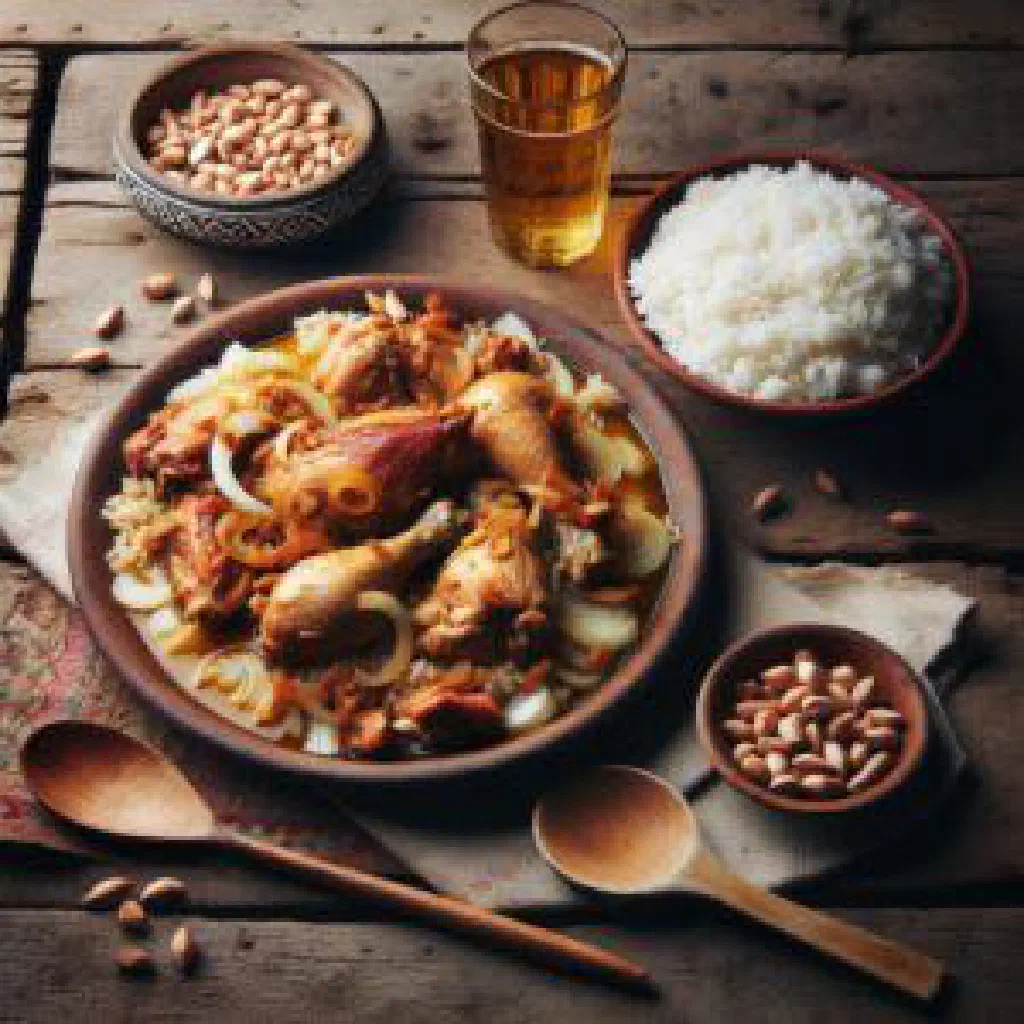 Chicken yassa in a tangy onion sauce served with rice