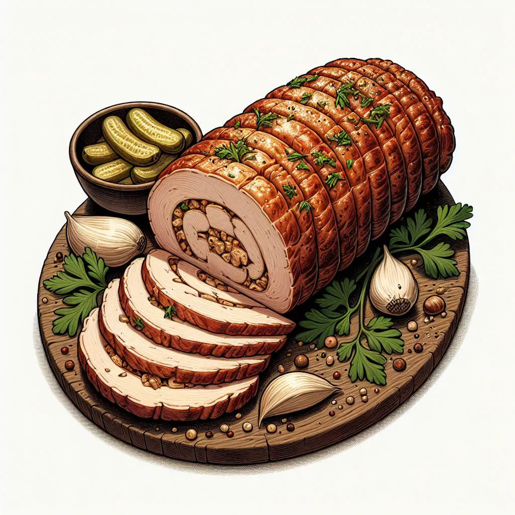 Sliced Chilean arrollado de huaso pork roll with spices on a plate