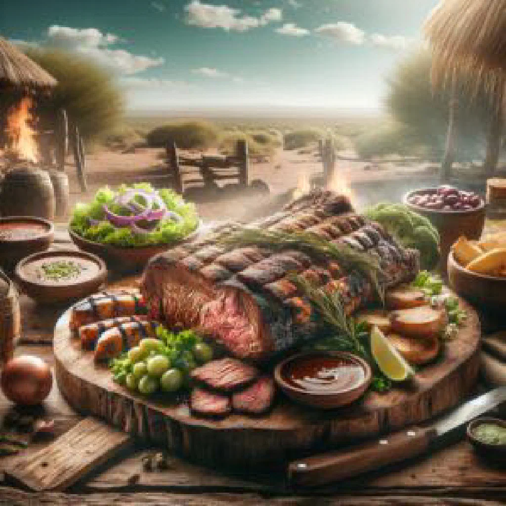 Grilled beef and vegetables on a wooden board, Chilean asado style