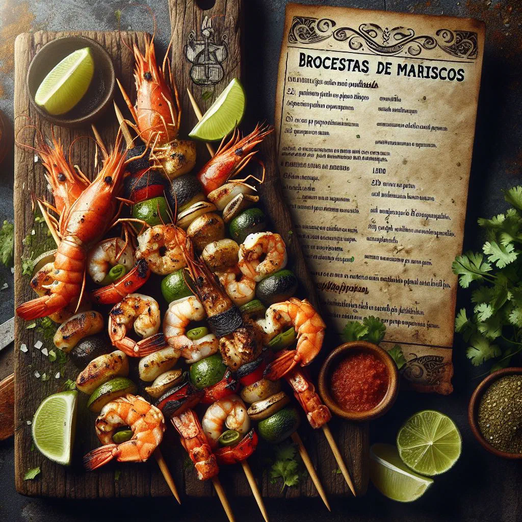 Grilled seafood skewers with prawns, mussels and colourful vegetables