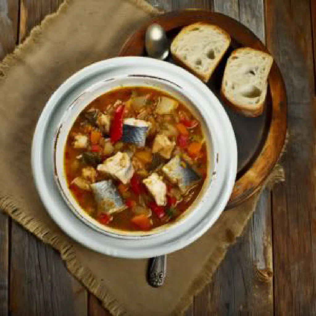 A rustic bowl of Chilean conger eel soup with potatoes and fresh coriander