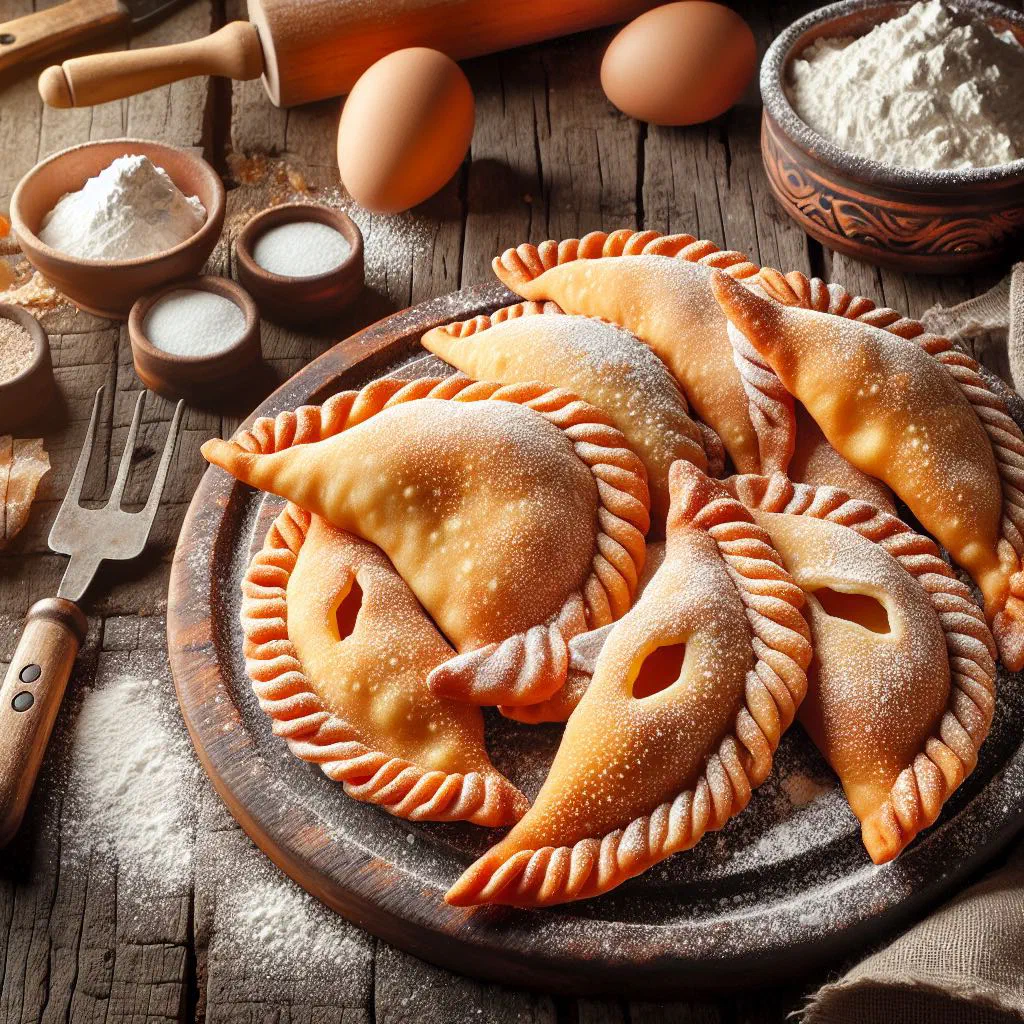 Golden fried calzones rotos pastries dusted with icing sugar