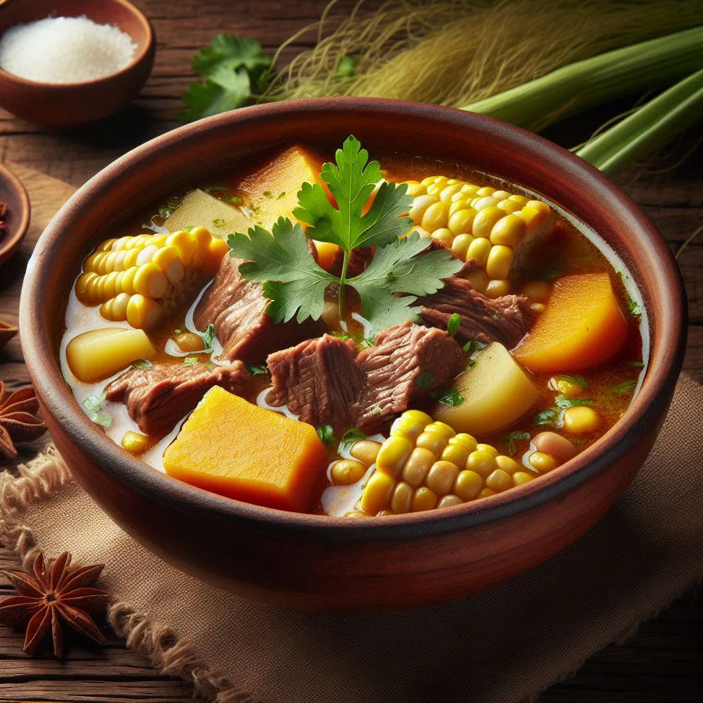 Chilean cazuela de vacuno beef stew with vegetables and rice in a bowl