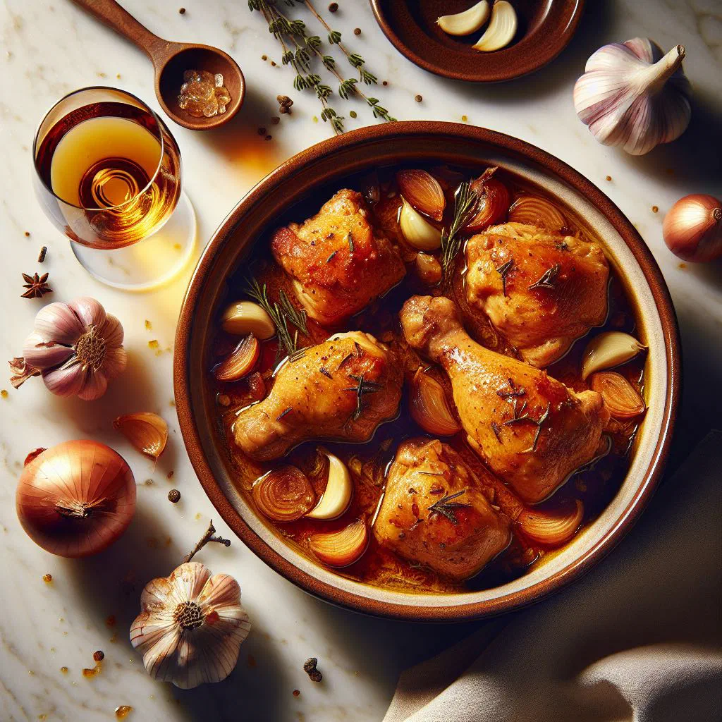 Tender chicken pieces in a creamy cognac sauce garnished with parsley