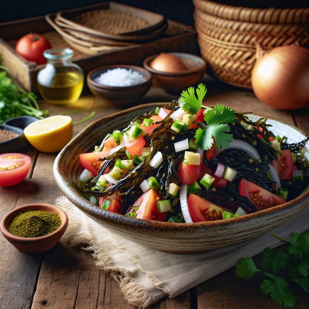Chilean cochayuyo seaweed salad with tomato, onion and cucumber in a light vinaigrette