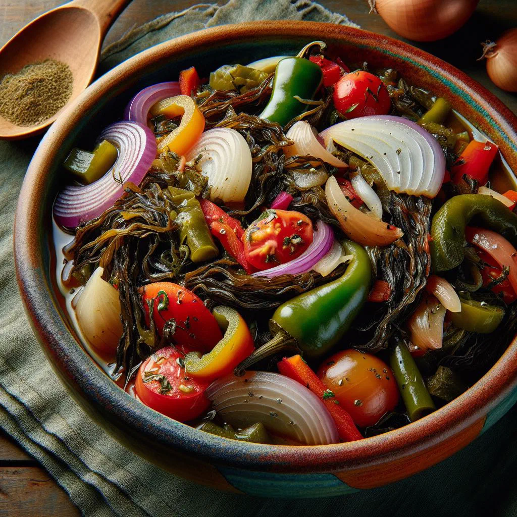 Chilean cochayuyo stew with seaweed, potatoes and carrots in a rustic bowl