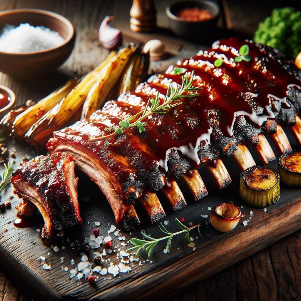 Grilled Chilean pork ribs with a spiced marinade on a wooden board