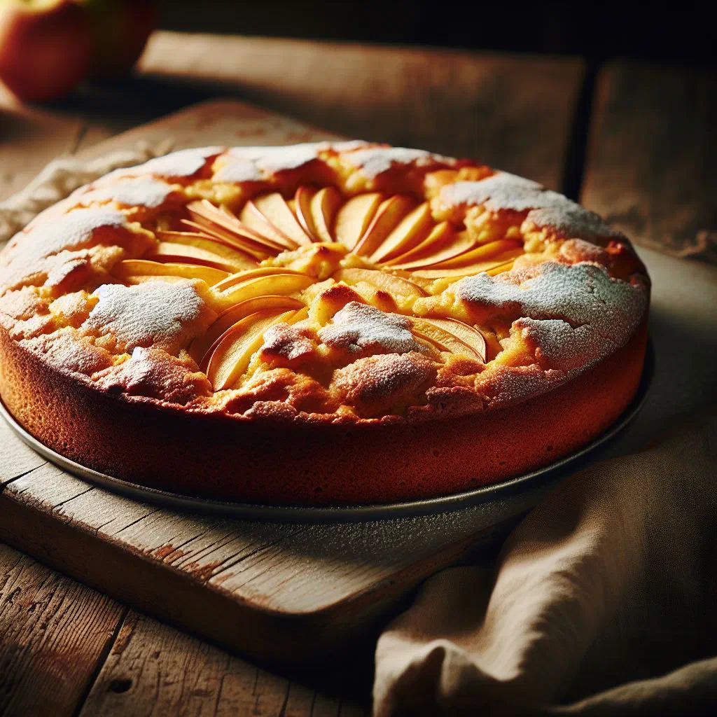 Slice of Chilean apple kuchen dusted with icing sugar