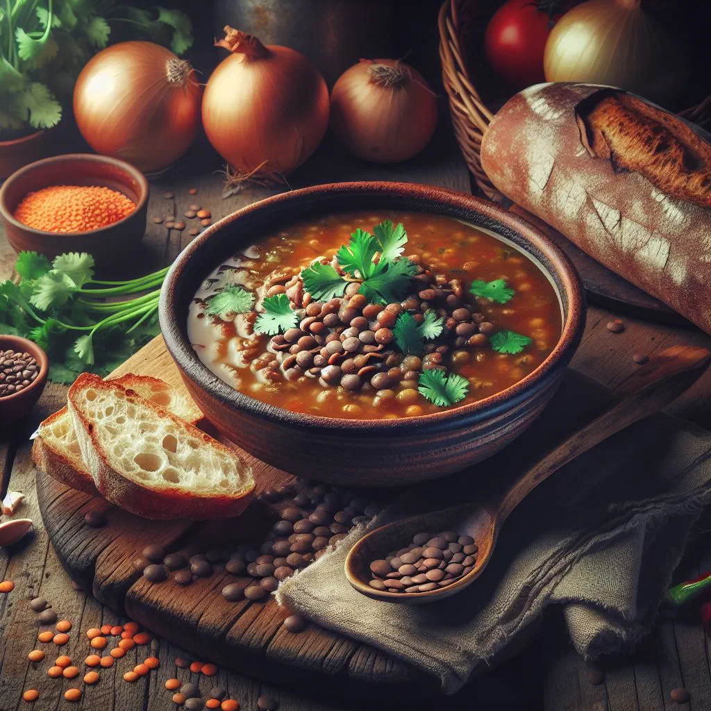 A rustic bowl of Chilean lentil soup with carrot and potato, garnished with fresh parsley