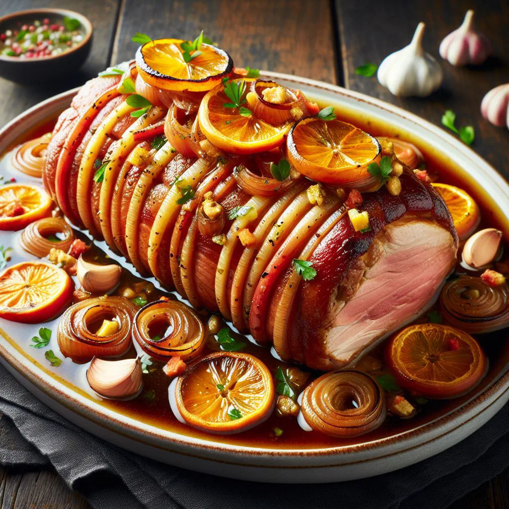 Sliced herb-stuffed roast pork loin on a rustic platter