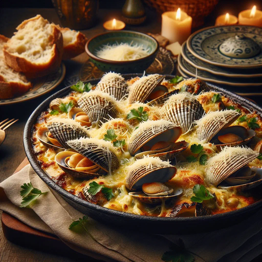 Razor clams baked with golden Parmesan crust in a dish
