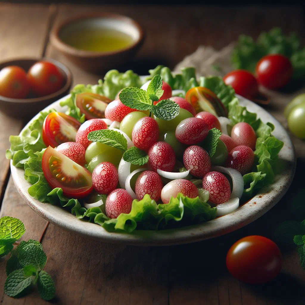 Fresh murta berry salad with cucumber, carrot and red onion