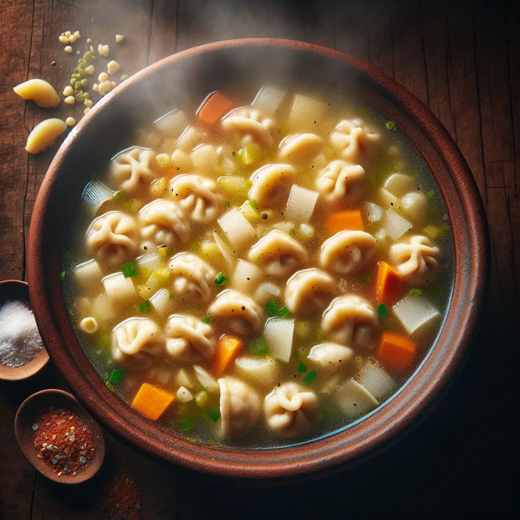 Freshly cooked pantruca dough pieces served in a hearty broth