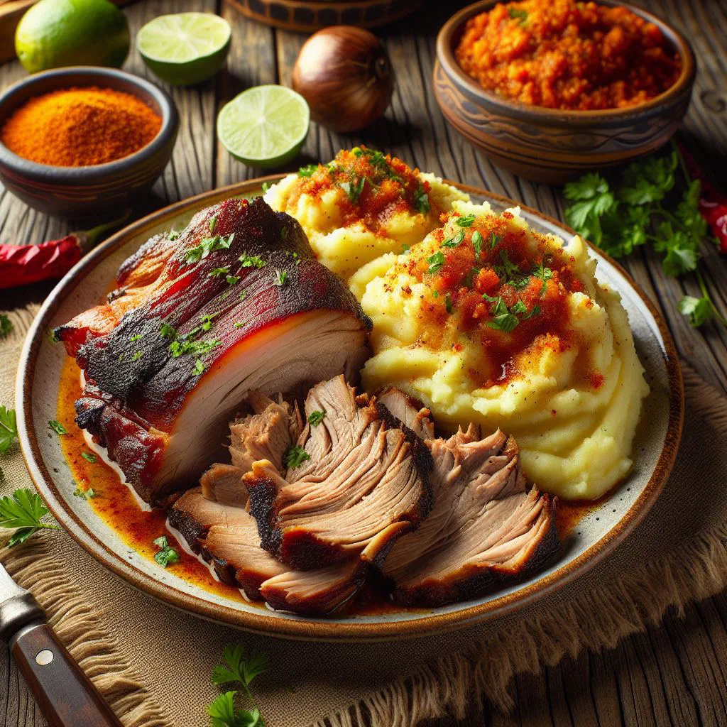 Sliced crispy roast pork served with spiced mashed potatoes and parsley