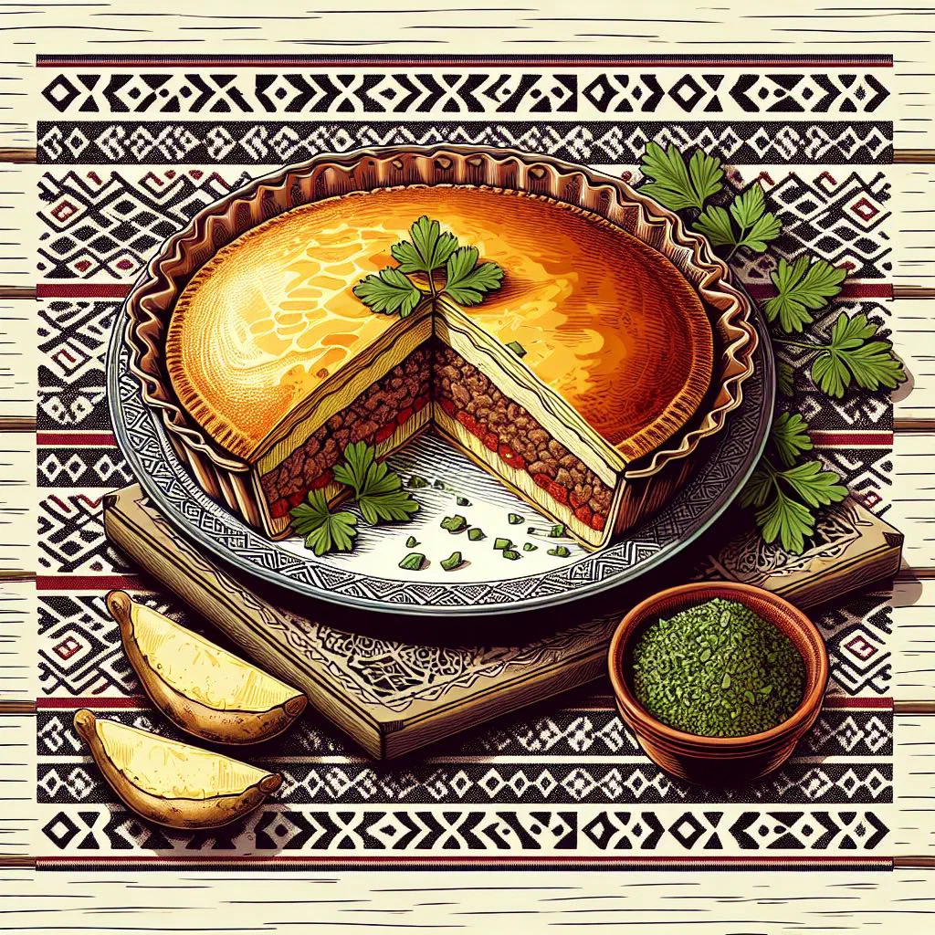 Golden baked Chilean potato and beef pie in a rustic dish