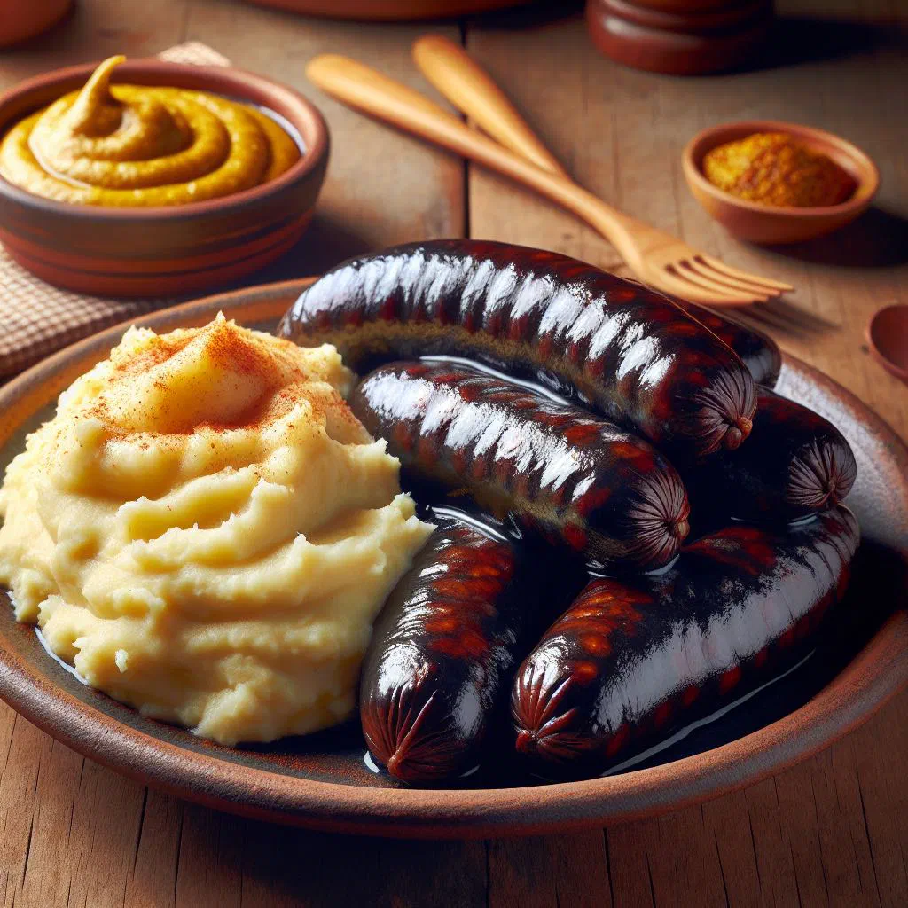 Chilean prietas blood sausages served over creamy mashed potatoes