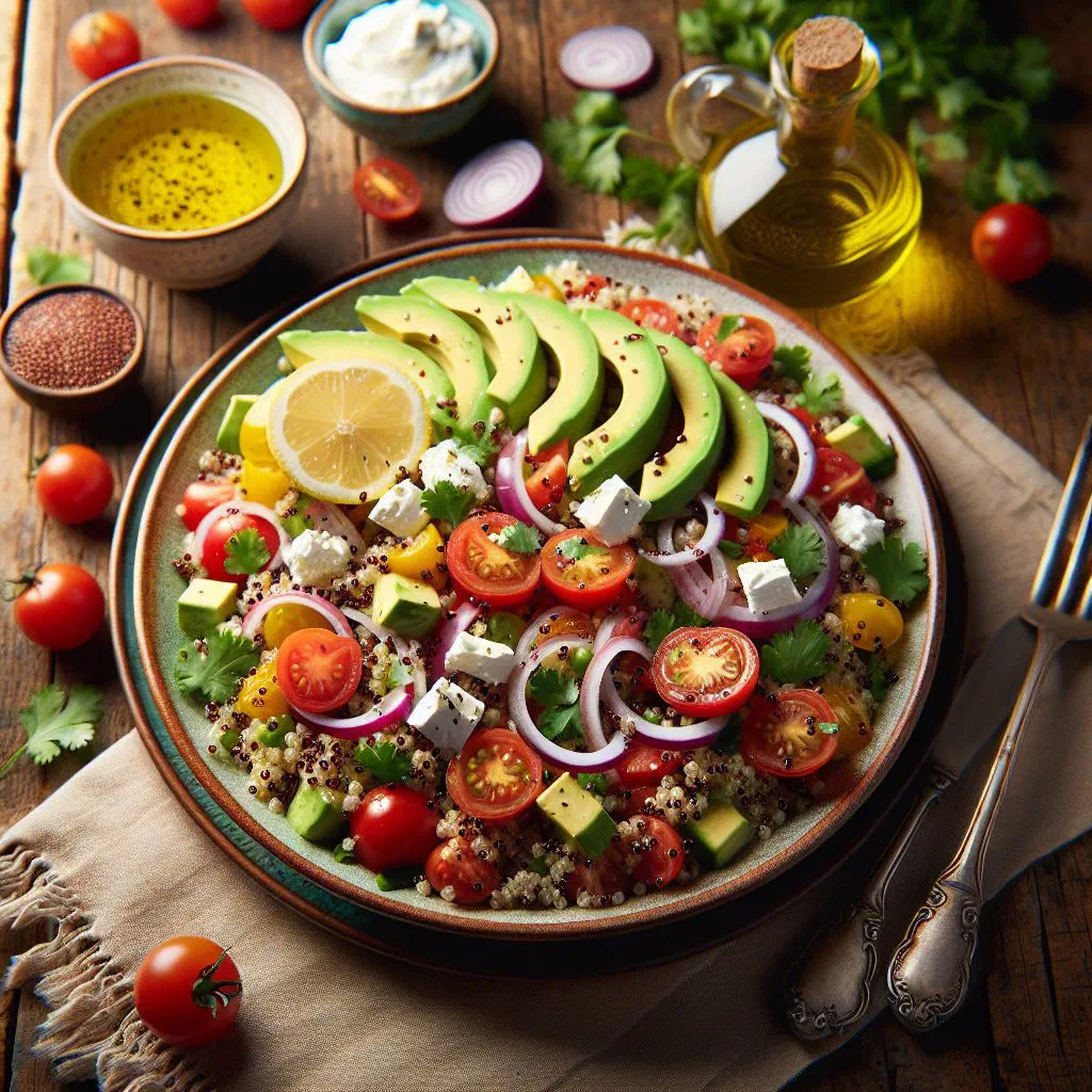 Colourful quinoa salad with peppers, cucumber, cherry tomatoes and parsley