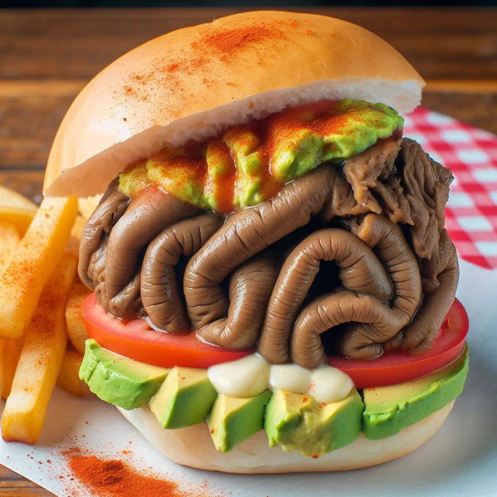 Chilean sánguche de potito sandwich filled with braised beef, avocado and tomato