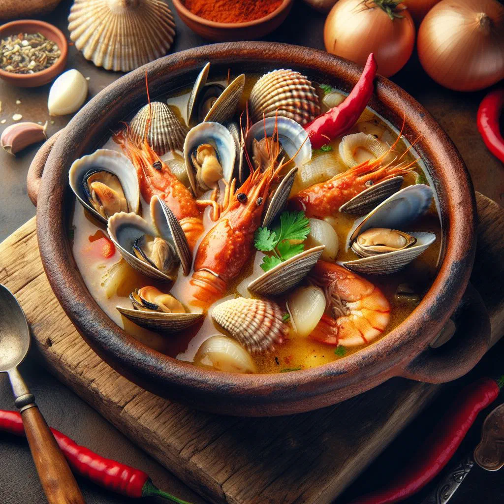 Bowl of Chilean seafood stew with mussels, prawns and fish in a tomato broth