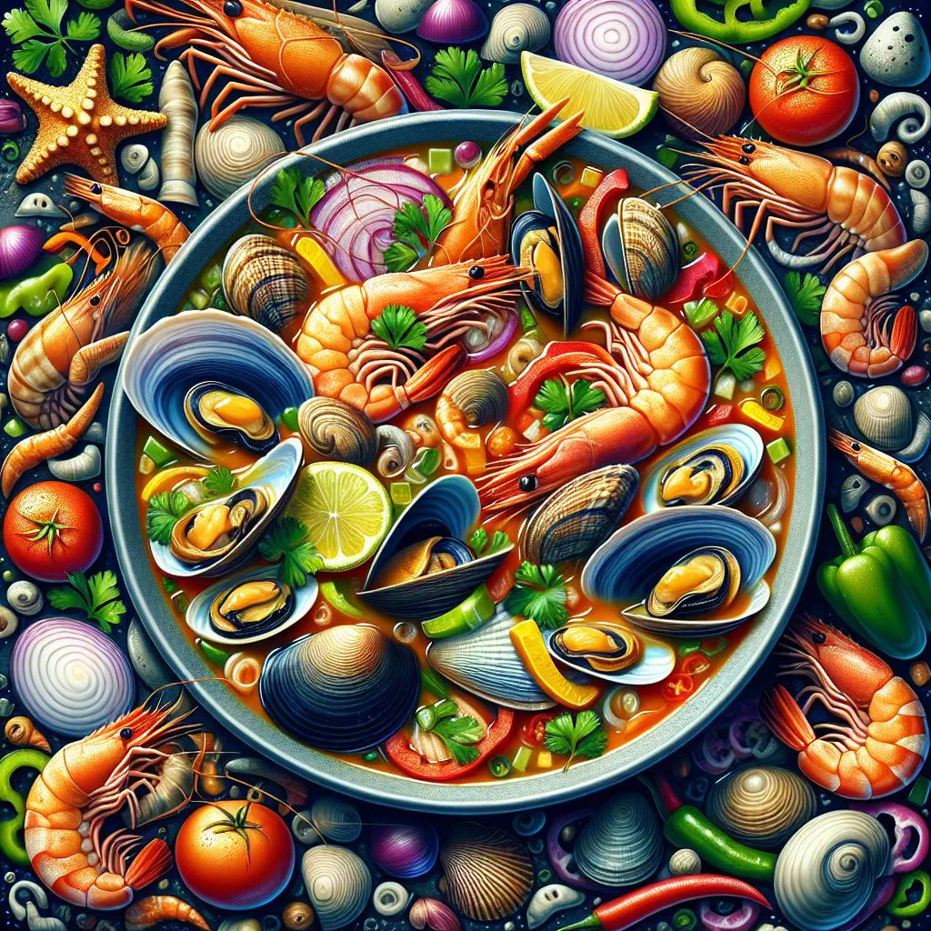 Bowl of Chilean seafood soup with mussels, prawns and fish garnished with parsley