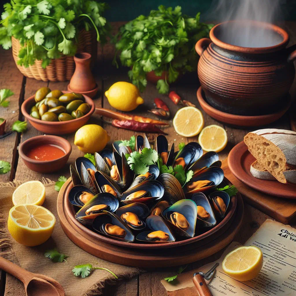 Steamed Chilean mussels in their shells with coriander and lemon