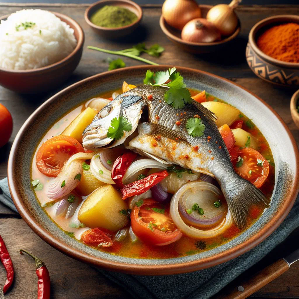 Sudado de pescado with white fish in a rich tomato and onion sauce