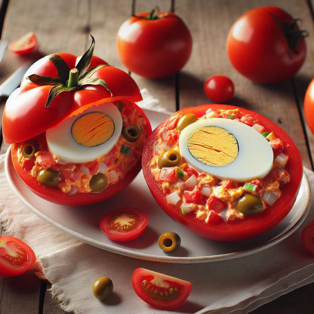 Chilean stuffed tomatoes filled with minced meat and rice, garnished with fresh herbs