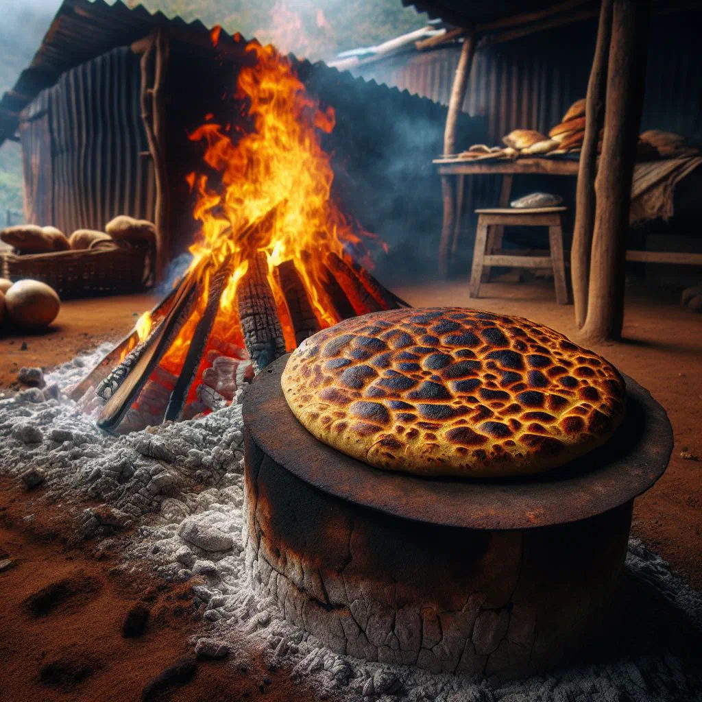 Golden ember-baked Chilean tortilla de rescoldo on a rustic wooden board