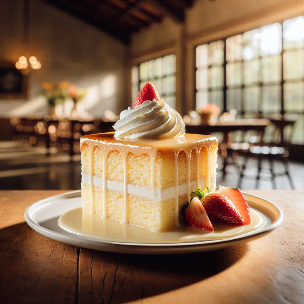 A slice of moist tres leches cake topped with whipped cream and fresh fruit