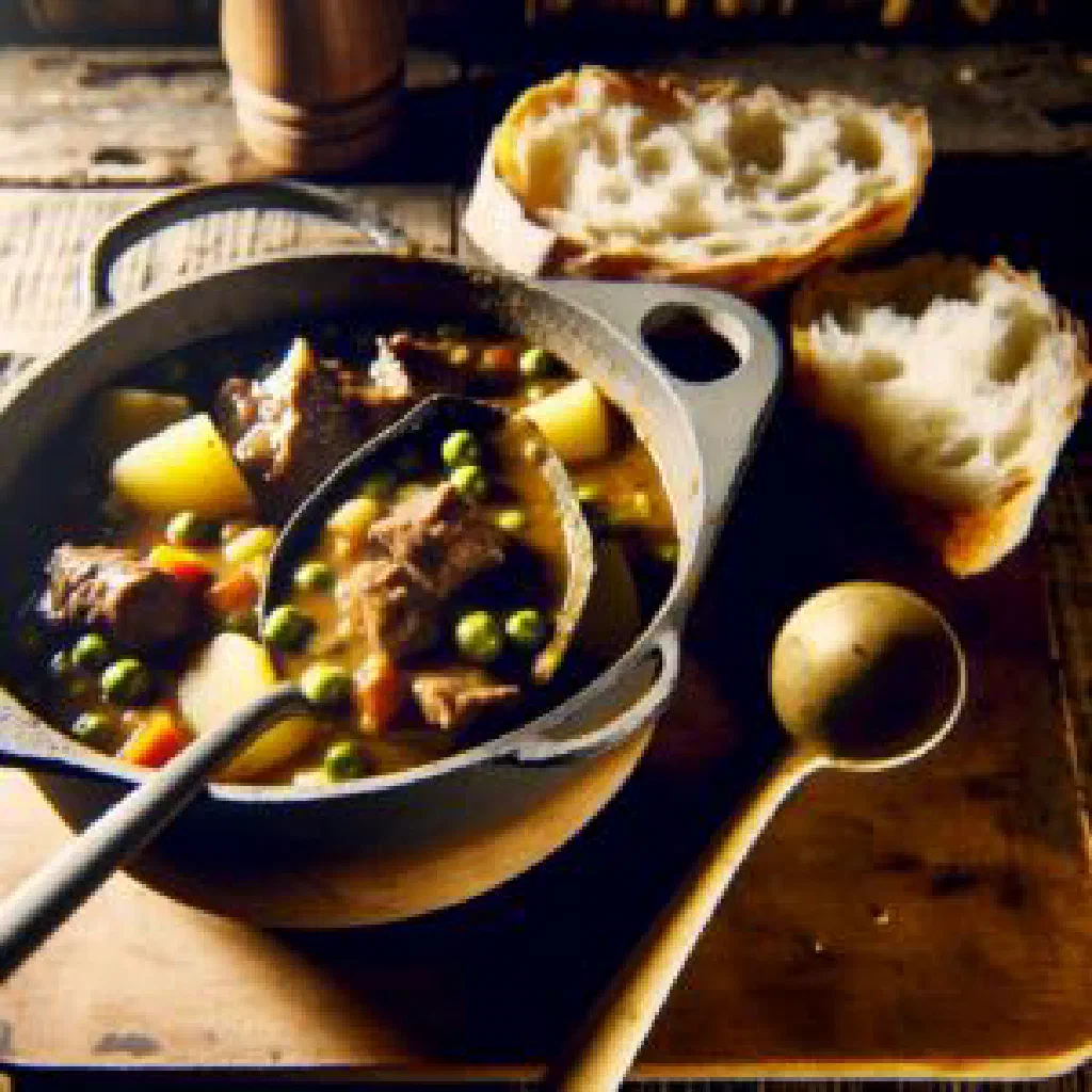 Hearty Chilean ulpo with tender meat and vegetables in a bowl