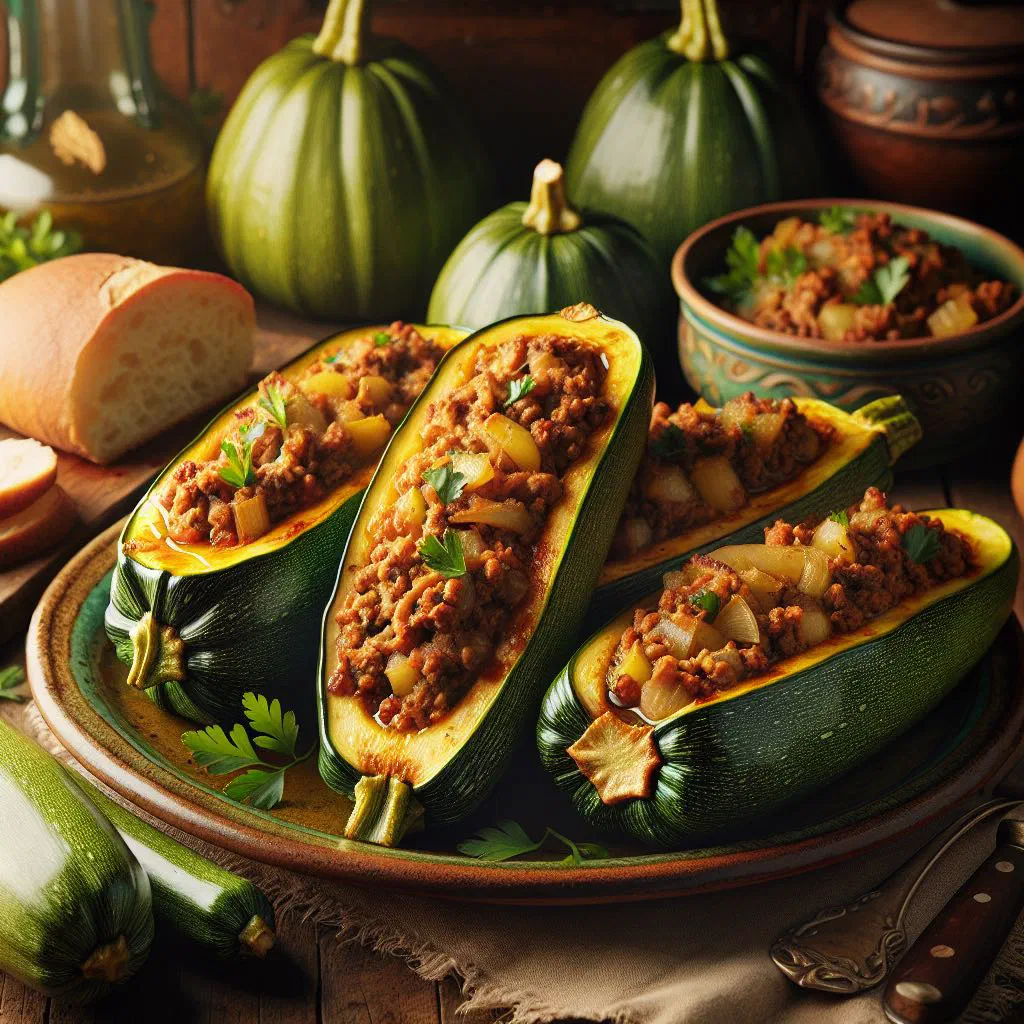 Baked stuffed courgette halves topped with melted cheese