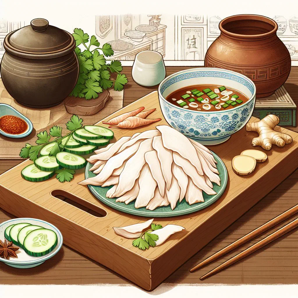Sliced poached chicken garnished with fresh coriander and spring onions