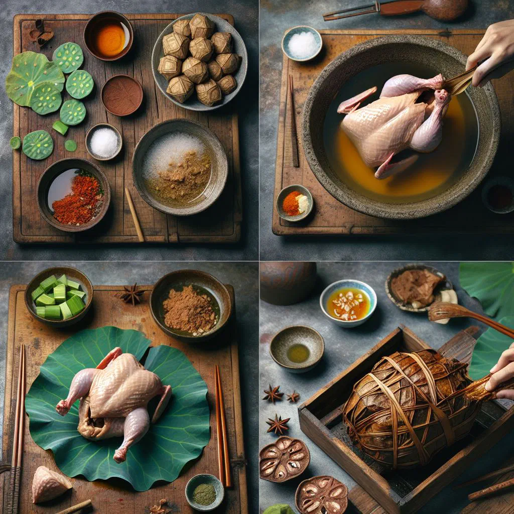 Beggar's chicken wrapped in lotus leaves with the clay crust cracked open