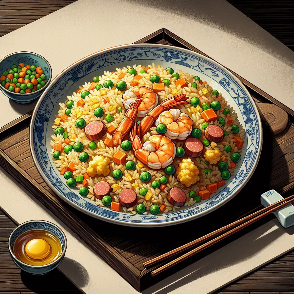 Chinese chao fan fried rice with vegetables, egg and spring onions in a bowl