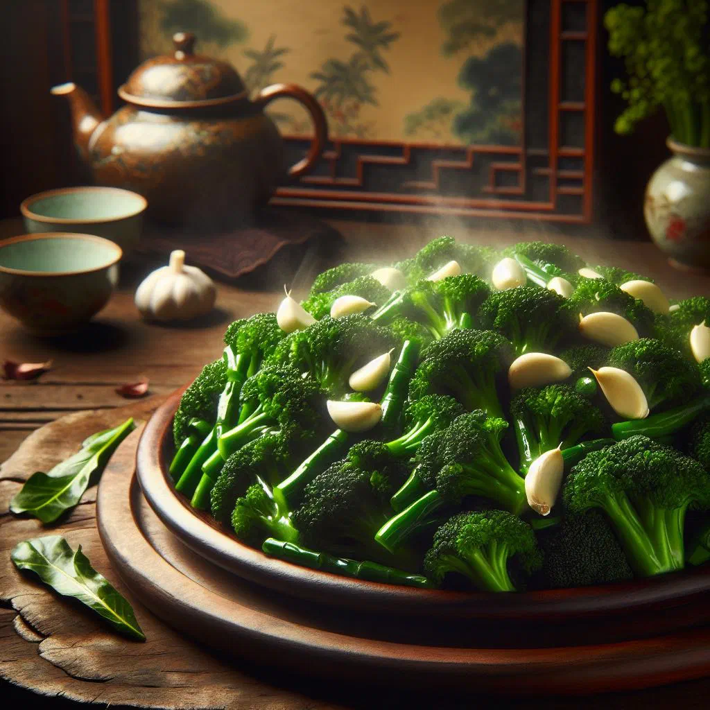Chinese broccoli stir-fried with garlic and a glossy soy sauce