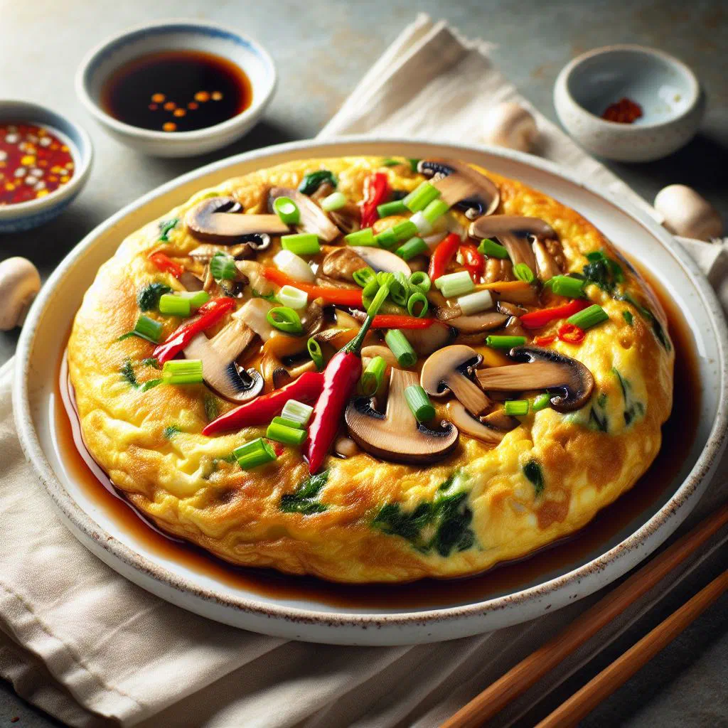 Folded Chinese omelette garnished with sliced spring onions