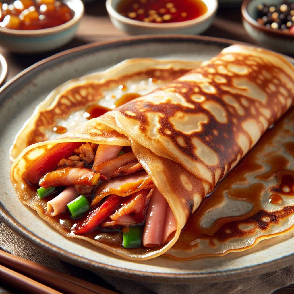 Golden, flaky Chinese pancakes with spring onions, sliced and stacked on a plate