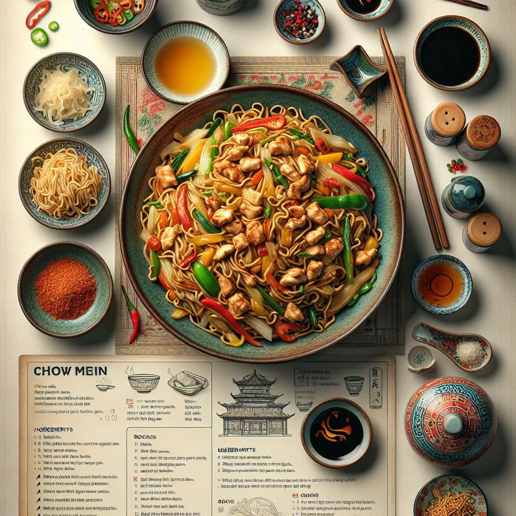 Chow mein noodles stir-fried with vegetables and chicken in a pan