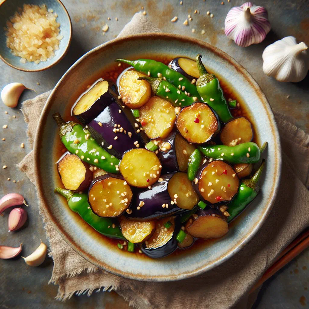 Di San Xian with glossy aubergine, potato and pepper in a savoury soy glaze