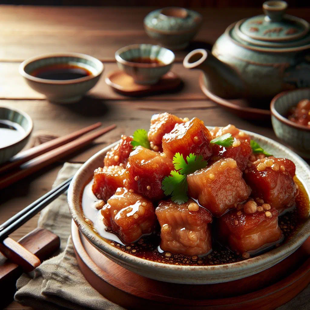 Steamed pork belly coated in rice powder, garnished with fresh coriander