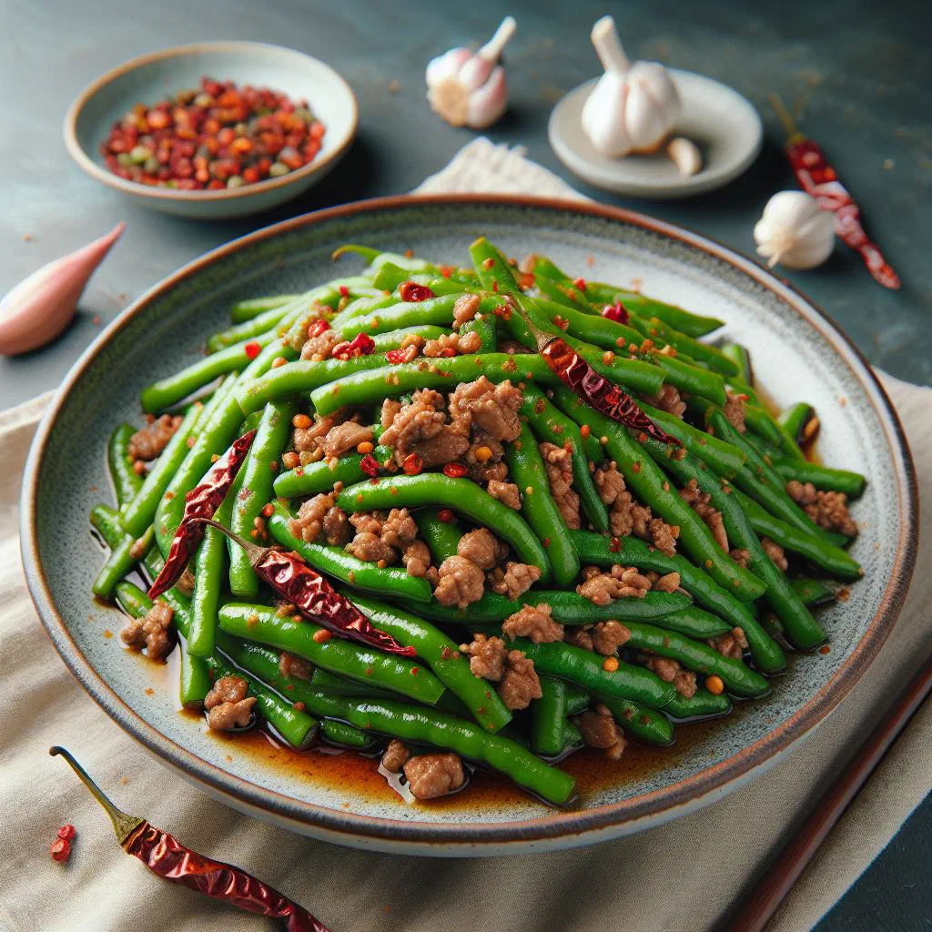 Crispy stir-fried green beans with garlic, ginger and chilli flakes
