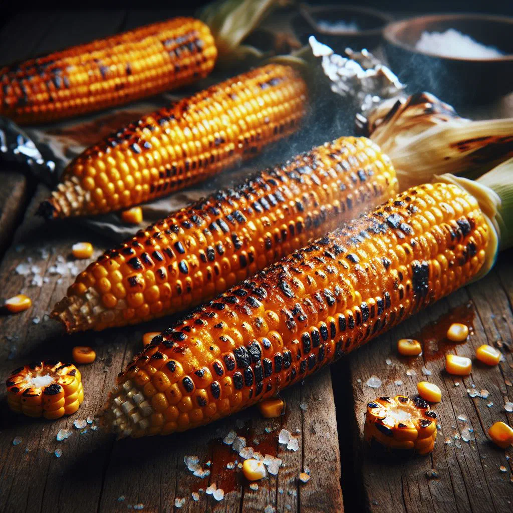 Grilled corn on the cob with charred kernels and a wedge of lime