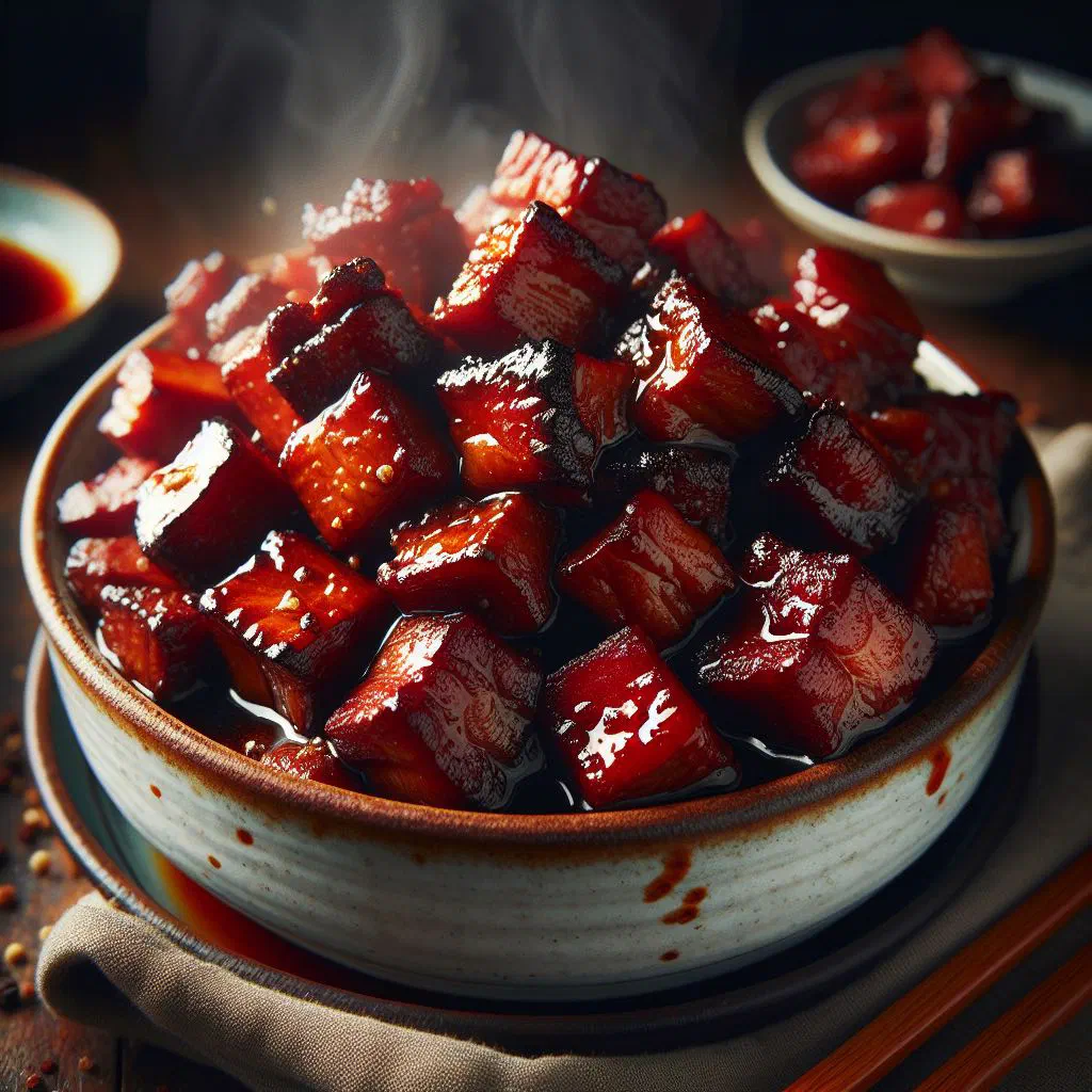 Glossy cubes of red-braised pork belly in a dark, caramelised soy sauce