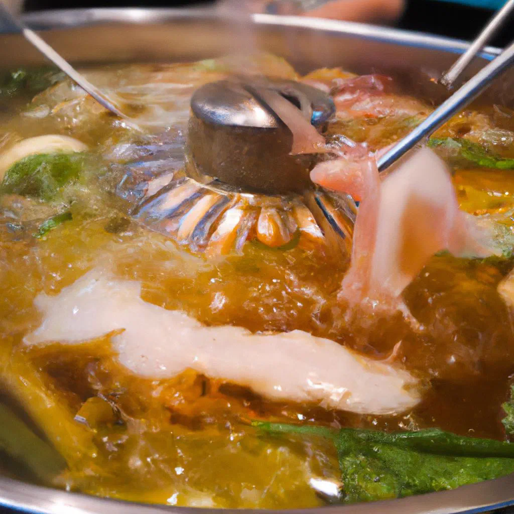 Simmering Chinese hot pot surrounded by plates of raw meat, vegetables and tofu