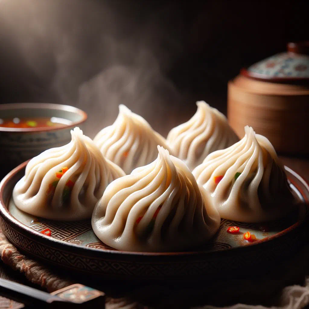 Folded jiaozi dumplings on a plate with a soy dipping sauce