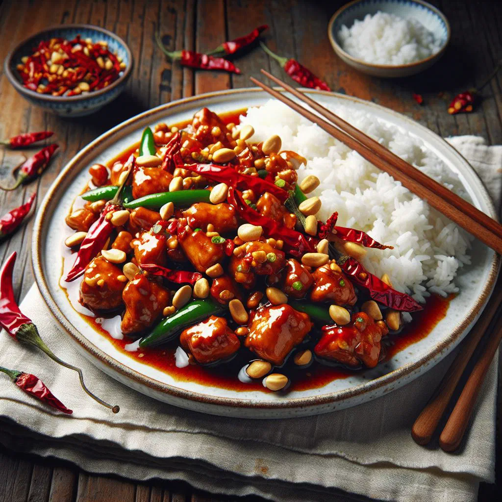 Kung pao chicken with peanuts, dried chillies and spring onions in a bowl