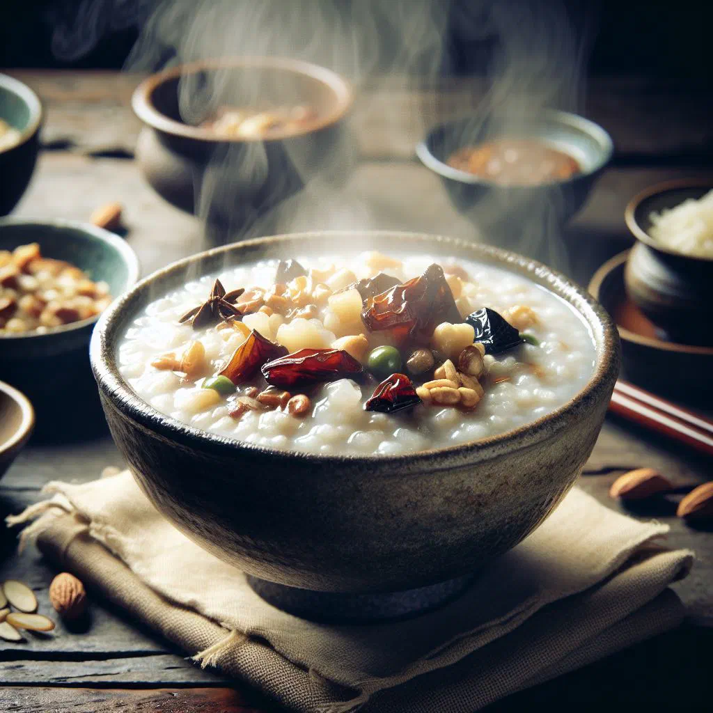 A warm bowl of Laba congee topped with nuts and dried fruit