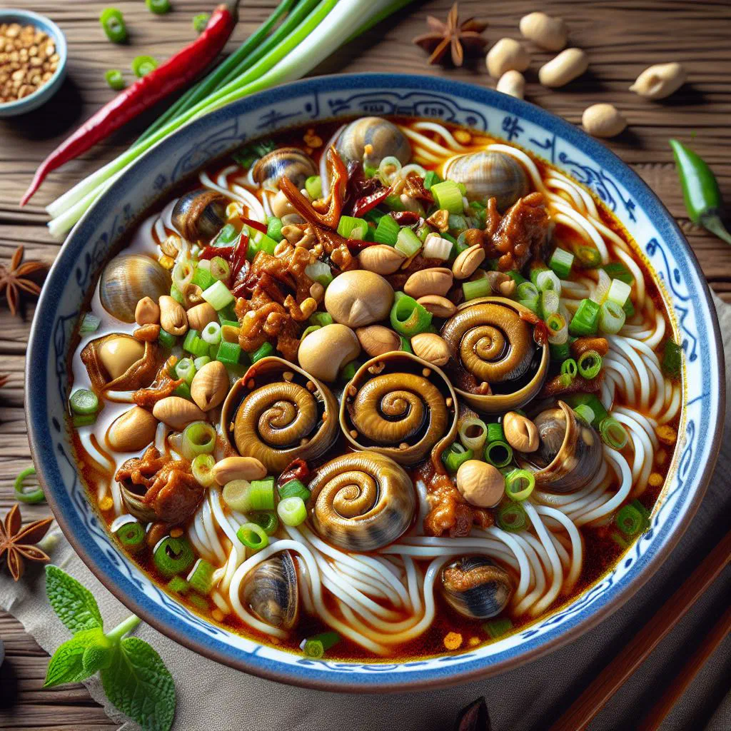 Bowl of luosifen rice noodle soup with peanuts, herbs and chilli